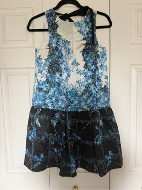 Tibi Sidewalk Blue Silk Dress Womens 0 Floral Drop Waist Back Tie Cocktail Party